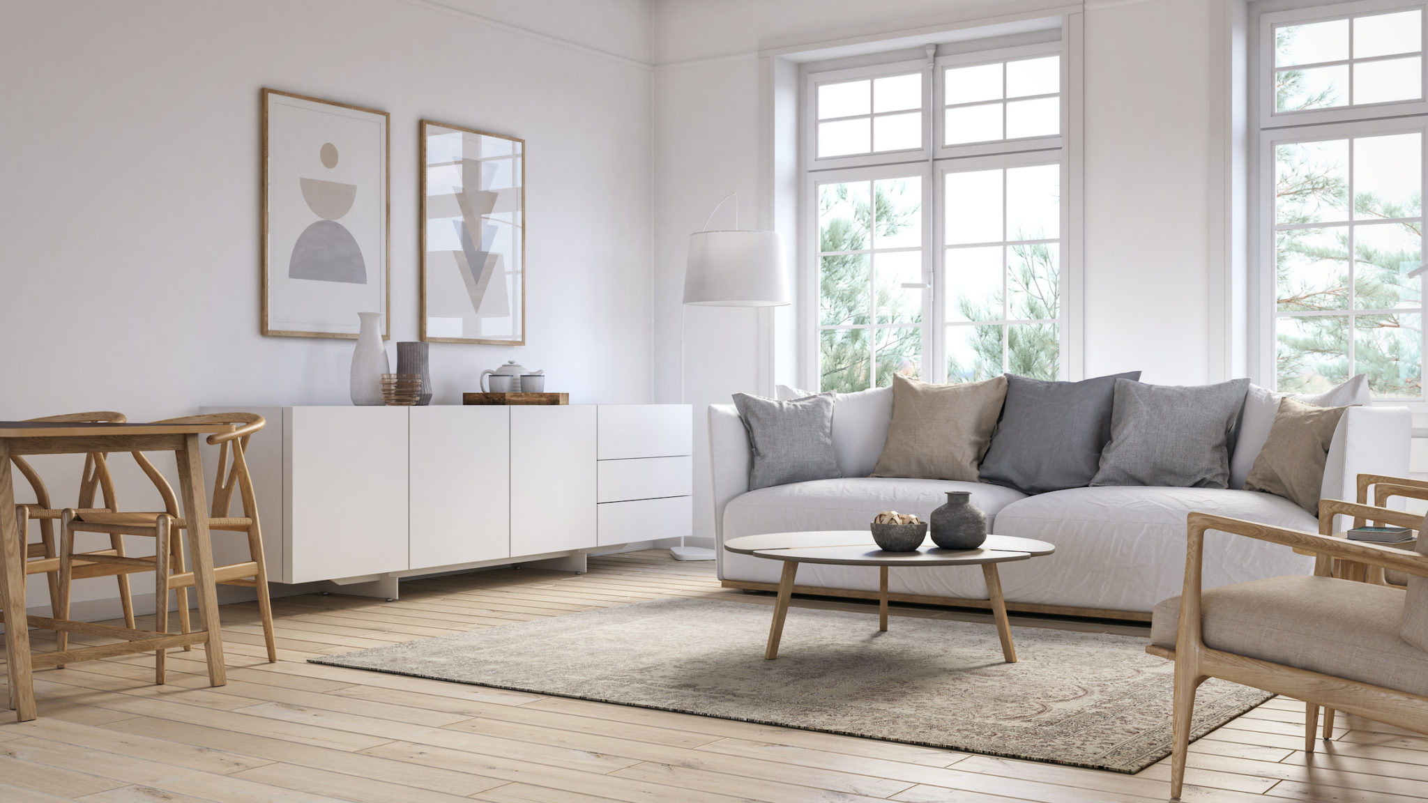 Modern Scandinavian Living Room Monochrome With Drapes